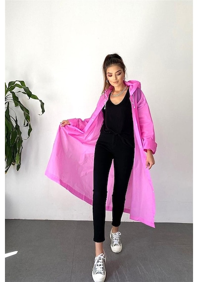Newdaki Unisex Kadın Ve Erkek Yağmurluk %100 Eva Çıtçıtlı Kapüşonlu Pembe