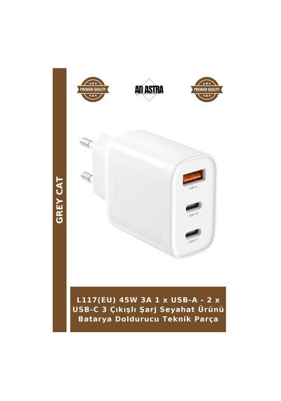 L117 Eu 45w 3a 1 X Usb-a - 2 X Usb-c 3 Çıkışlı Şarj Seyahat Ürünü Batarya Doldurucu Teknik Parça