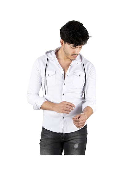 Deepsea Erkek Beyaz Kapüşonlu Cepli Slim Fit Gömlek Beyaz