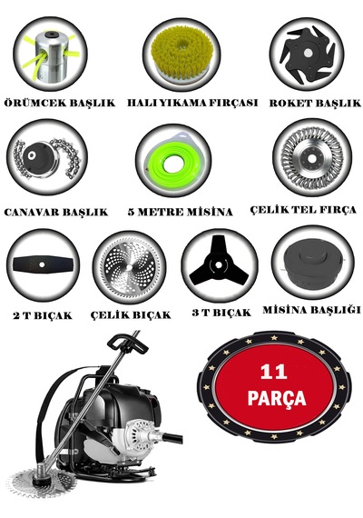 Eisenn Germany EIS-BR11 Sırt Tipi Benzinli Ot Çalı Çim Biçme Tırpanı + 11 Parça Full Set Halı Yıkamalı