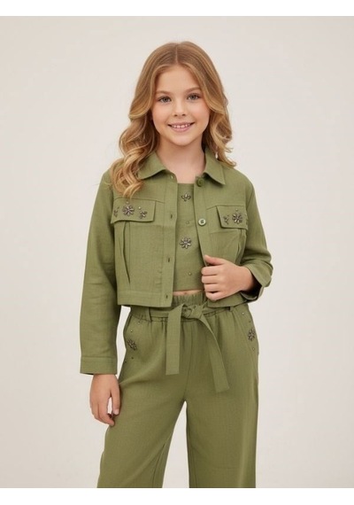 Zekids Kız Çocuk Taş İşlemeli Tasarım Ceket-17154 Yeşil