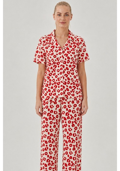 Kırmızı Leopar Desenli Bürümcük Kumaş Pijama Takımı 4644-beyaz