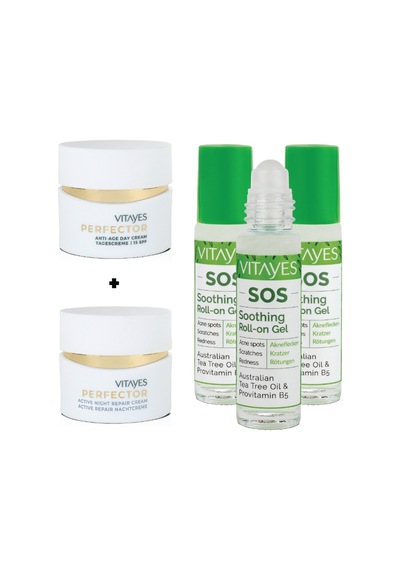 Vitayes Perfector  Canlandırıcı Gündüz Kremi SPF15 50 ML + Gece Kremi 50 ML + Sos Çay Ağacı Özlü Onarıcı Roll-On Serum 3 x 10 ML