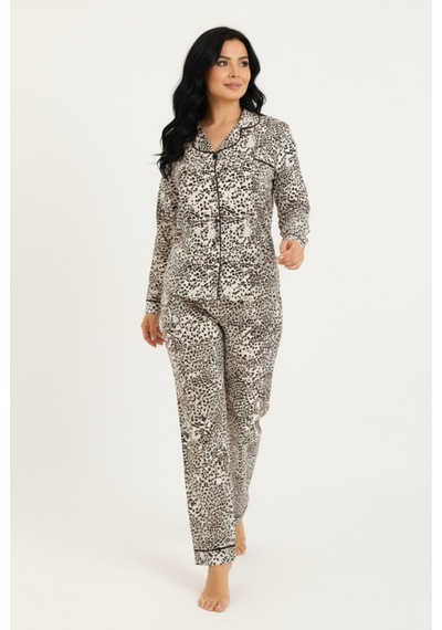 Bravie Luxury Viscose Siyah Beyaz Dalmaçya Desenli Kadın Uzun Kollu Büyük Beden Pijama Takımı 42533 LEOPAR