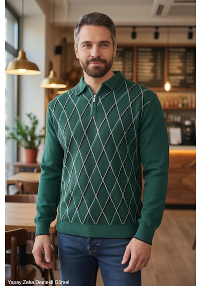 Kamalı Erkek Nefti Tüylenme Yapmayan Anti Pilling Kumaş Standart Fit Normal Kesim Polo Yaka Triko Kazak