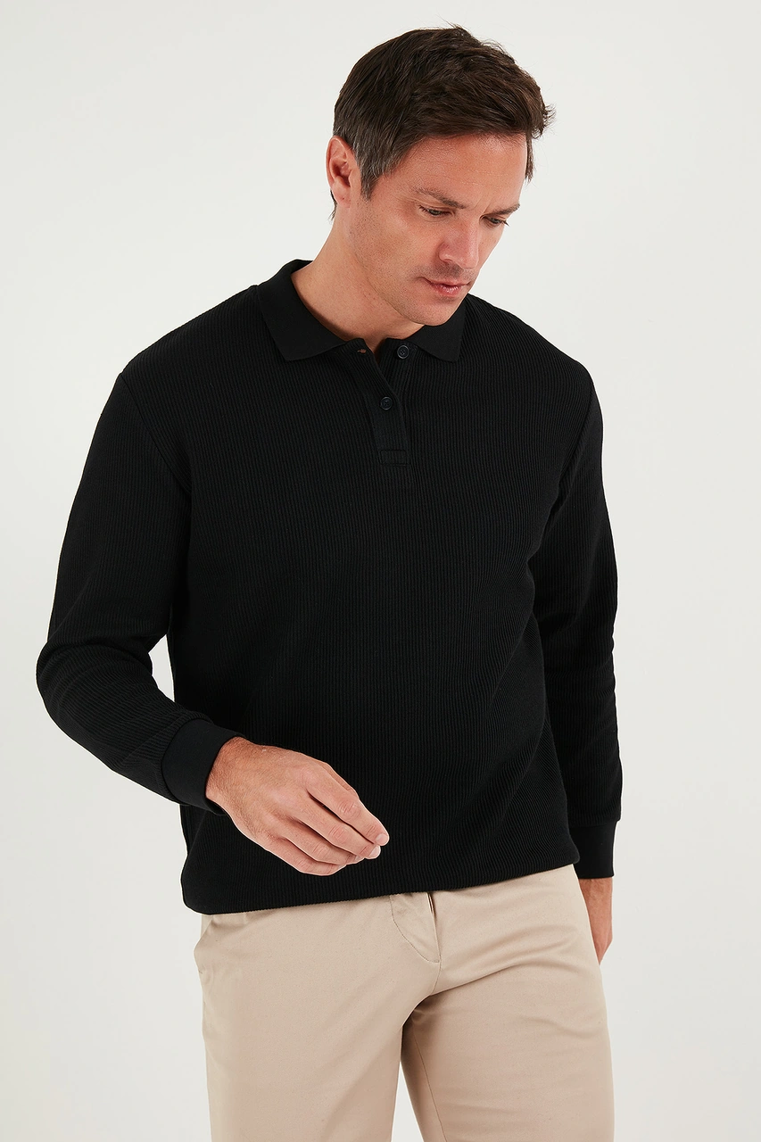 Buratti Pamuklu Regular Fit Düğmeli Polo Yaka Erkek Sweat 5905739 Siyah