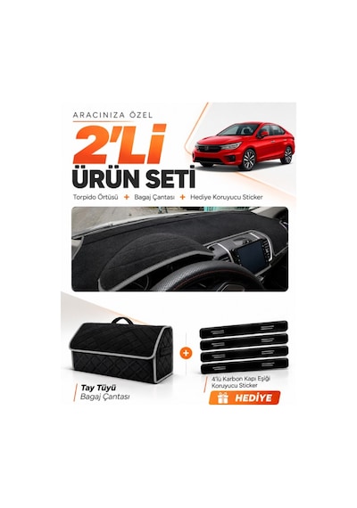 Honda Cıty 2020-2024 Uyumlu Torpido Örtüsü + Tay Tüyü Bagaj Çantası + Sticker Seti - Siyah Gri