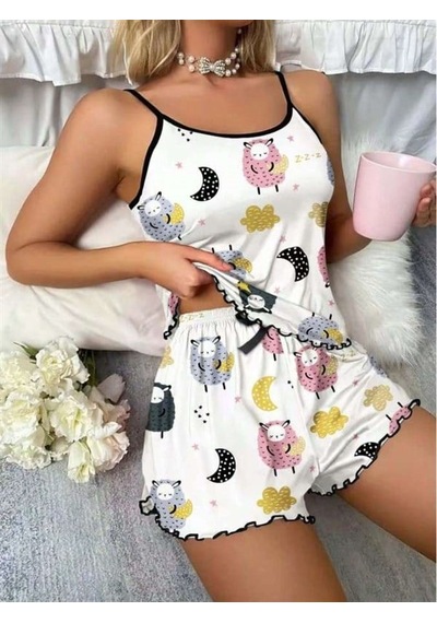 Red Womans Beyaz Üstüne Desenli İnce Askılı Şortlu Pijama Takımı