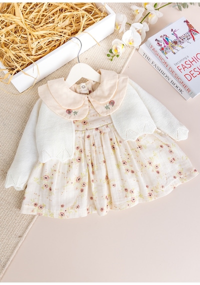 Babymod Bebe Yaka Çiçek Desenli 100% Pamuk Müslin Triko Hırkalı Kız Bebek Elbise Ekru