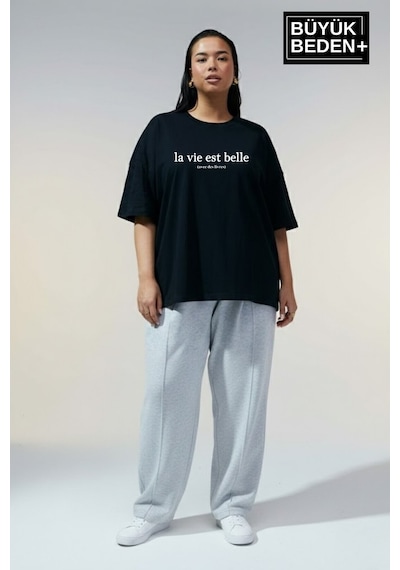 Superlife Kadın Büyük Beden L.v. Est Belle Baskılı 3xl-6xl Bisiklet Yaka Tshırt Spr26btsk510-17 Siyah