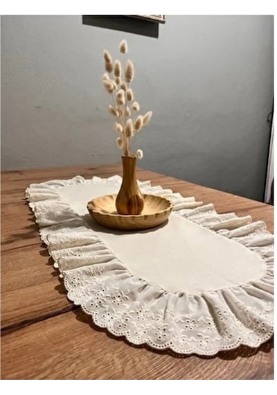 Oval Fırfırlı Naturel Ham Keten Fisto Runner 35 85 Cm Bej