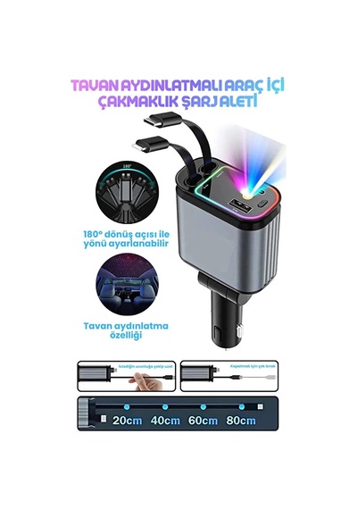 66w Pro Cw1 Led Tavan Aydınlatmalı 4'ü 1 Arada Geri Çekilebilir Çift Kablolu 3.4a Süper Hızlı Araç Şarj Cihaz