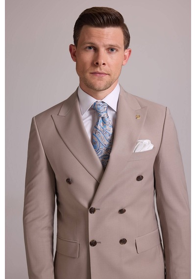 Erkek Krem Slim Fit Kruvaze %100 Yün Takım Elbise