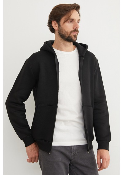 Fullamoda 3 İplik Fermuarlı Kanguru Cepli Sweatshirt Siyah