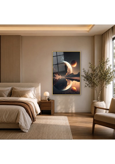 Gölde Yansıyan Dev Gezegenler Gold Çerçeveli Cam Tablo