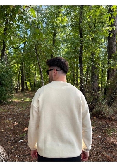 Erkek Oversize Bisiklet Yaka Basic Sweatshirt Ekru