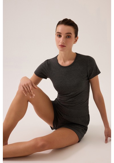 Los Ojos X Ece Antrasit Modal Kumaşlı Kısa Kollu Şortlu Pijama Takımı Ribbed Pj4 Antrasit Antrasit