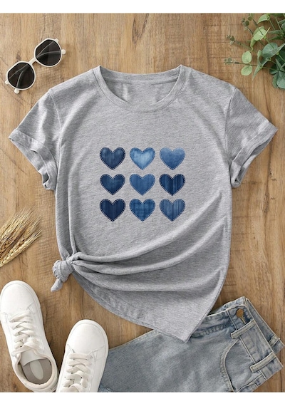 Uyguntarz Unisex Jean Desenli Kalp Tasarım Basklı Tshirt Gri