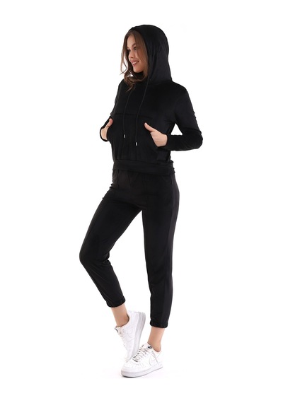 Winmoda34 Kadife Eşofman Takımı Kapüşonlu Fransız Kadife Yumoş Siyah