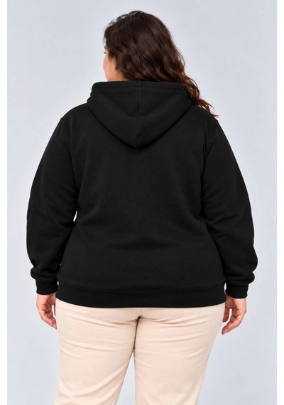 Moda Kadın Battal Büyük Beden Üç İplik İçi Şardonlu Kapüşonlu Kanguru Cepli Kışlık Sweatshirt - Siyah Çok Renkli