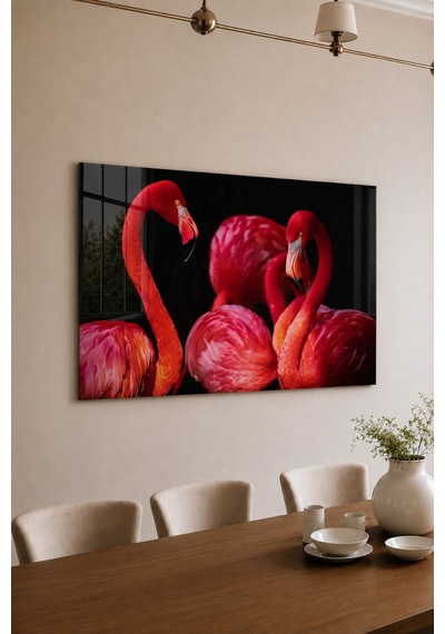 Pembe Flamingolar Siyah Fonlu Renkli Flamingo Kuşları Modern De