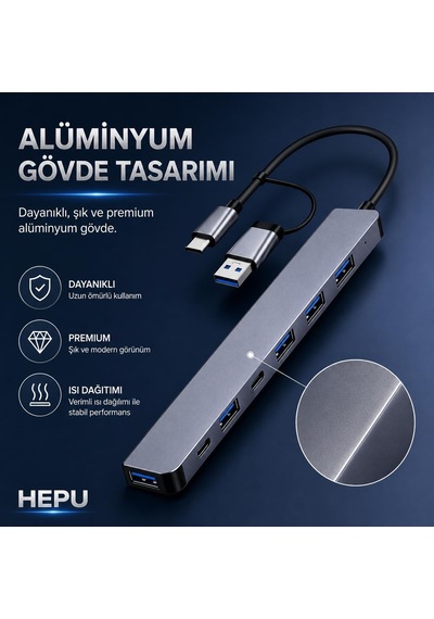 Hp-b03 5-in-1 Usb 3.0 Hub 5 Portlu Çoklayıcı + Type-c Ve Usb-a Girişli + Alüminyum Gövde