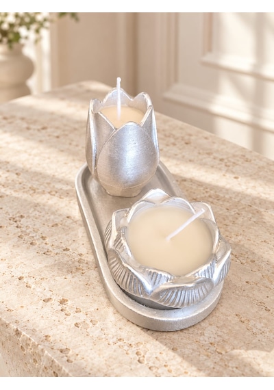 Altın Renk Lale Ve Lotus Çiçeği Mumluk Seti, 2 Li Dekoratif Polyester Mumluk Ve Oval Tepsi Gümüş