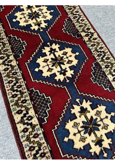 El Dokuma Sıfır Yahyalı Yolluk 75x270 Lacivert Kırmızı Yün Halı Lacivert