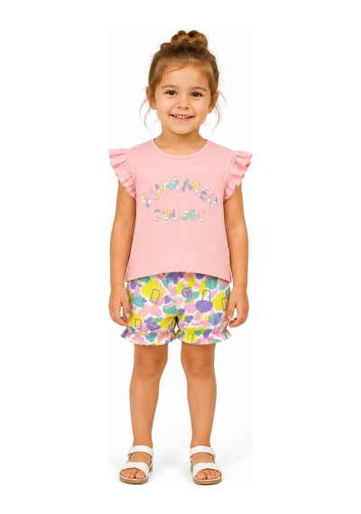 Haribo Lisanslı Fırfır Kollu Renkli Şortlu T-shirt Şort Takım Pembe
