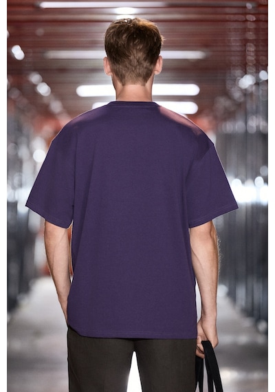Grımelange Jett Erkek Oversize Fit %100 Organik Pamuk Kalın Dokulu Bisiklet Yakalı Koyu Mor T-shirt