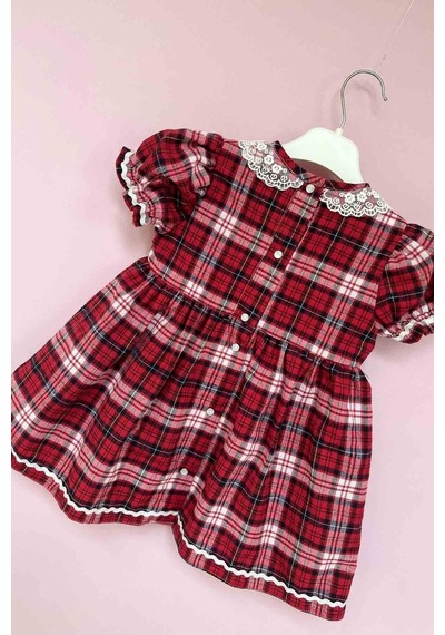 Bebe Yaka Su Taşı Detaylı Ekose Tasarım Kız Çocuk Bebek Elbise 001