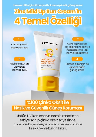 Bebek Ve Çocuklar İçin Mineral Filtreli Güneş Kremi Atopalm Zinc Mild Up Sun Cream Spf50+ Pa++++