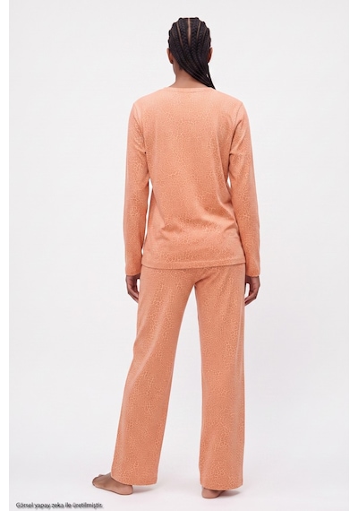 Siyah İnci Leopar Baskılı Örme Pijama Takım 8078 Somon Leopar