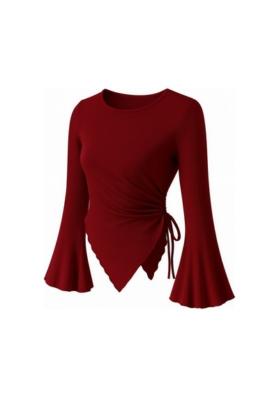 Wild Flower Bordo Yuvarlak Yaka Drape Detaylı İspanyol Kol Tesettür Uyumlu Üst Bluz Bordo