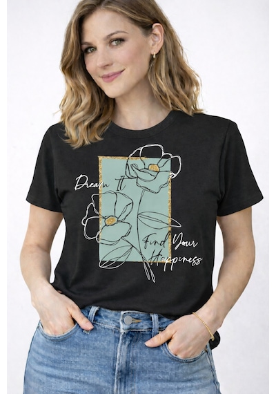 Herkesemoda Find Your Happiness Baskı Detaylı Kadın Bisiklet Yaka Pamuklu T-shirt Siyah