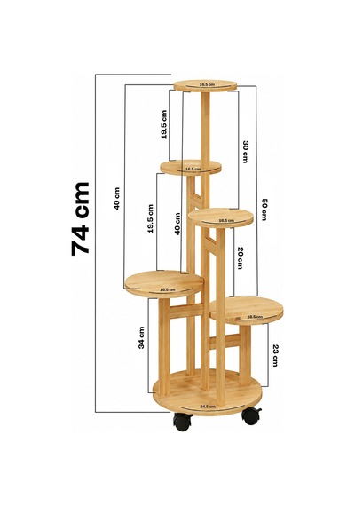 Ahşap 5 Katlı Tekerlekli Çiçeklik Saksılık Dekoratif Daire Model Bitki Rafı