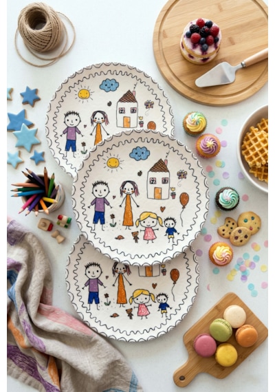 Çocuk Ve Aile Temalı Servis Tabağı Seti 6 Adet, 27 Cm Sevimli Aile Pasta, Tatlı, Kahvaltı Tabağı Çok Renkli