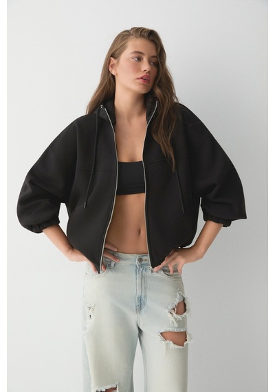 ETHIQUET VA IT Kadın Çift Cepli Eteği Ve Kol Ucu astikli Fermuarlı Oversize Siyah Sweatshirt