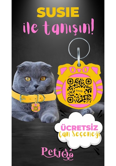 Petjoo 3.Susie Pembe-Sarı Qr'lı Kedi Künyesi