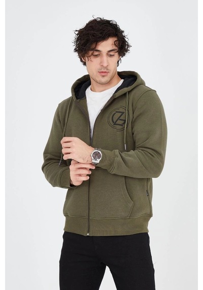 Erkek 3 İplik Pamuklu Fermuarlı Kapüşonlu Kanguru Cepli Baskılı Hoodie Hırka Sweatshirt - Yeşil