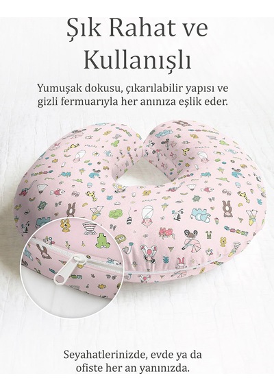 Sevimli Hayvanlar Desenli Pamuklu Boyun Yastığı - Pastel Pembe Yumuşak Seyahat Yastığı Koyu Dumanlı Orman Yeşili