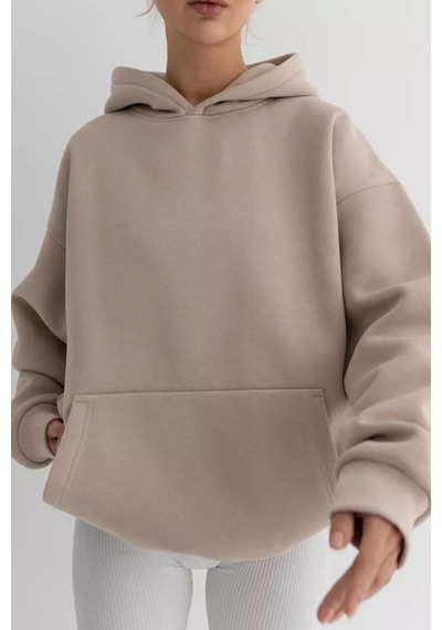 Bej Kapüşonlu Şardonlu Oversize Cepli Sweatshirt Mg2206