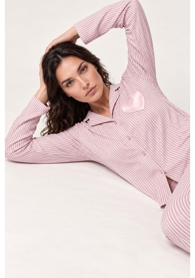 Gd Goldoremi Kadın Premium Gömlek Yaka Önden Düğmeli Regular Fit Çizgili Uzun Kollu Pijama Takım PEMBE Gd Goldoremi Kadın Premium Gömlek Yaka Önden Düğmeli Regular Fit Çizgili Uzun Kollu Pijama Takım PEMBE