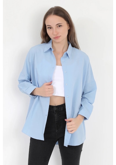 Giysa Kadın Buz Mavi Uzun Kollu Basic Pamuklu Oversize Gömlek - 3900 Mavi