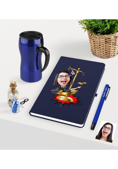 Kişiye Özel Bayan Avukat Karikatürlü Lacivert Defter Kalem Ve Ter N11.21957