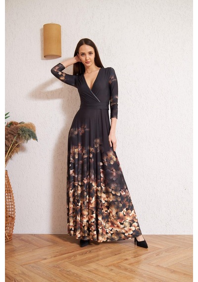 Darlin Moda Siyah Kruvaze Kahverengi Çiçek Desenli Abiye Elbise Dm1013
