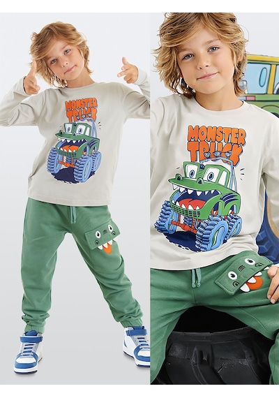 Denokids Canavar Kamyon Erkek Çocuk Cep Detaylı T-shirt Pantolon Takım
