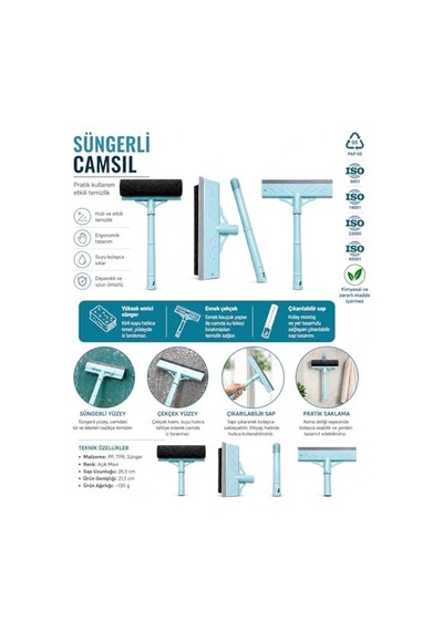 Süngerli Camsil Cam, Ayna, Fayans Ve Duşakabin Temizleme Aparatı Ergonomik Saplı Çekçekli Cam Silme Aparatı, Açık Mavi Çok Renkli