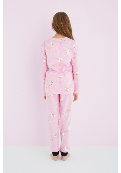 Siyah İnci Kız Çocuk Renkli Desenli Pamuklu Pijama Takım 24225704 Pembe