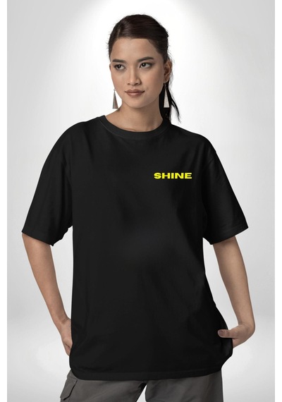 Parlayan Siyah Kedi Siyah Oversize Unisex Ön Ve Sırt Baskılı Tişört Siyah